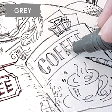 Drawing a illustration of coffee cup on notebook with Artline DRAWING SYSTEM GREY colour
